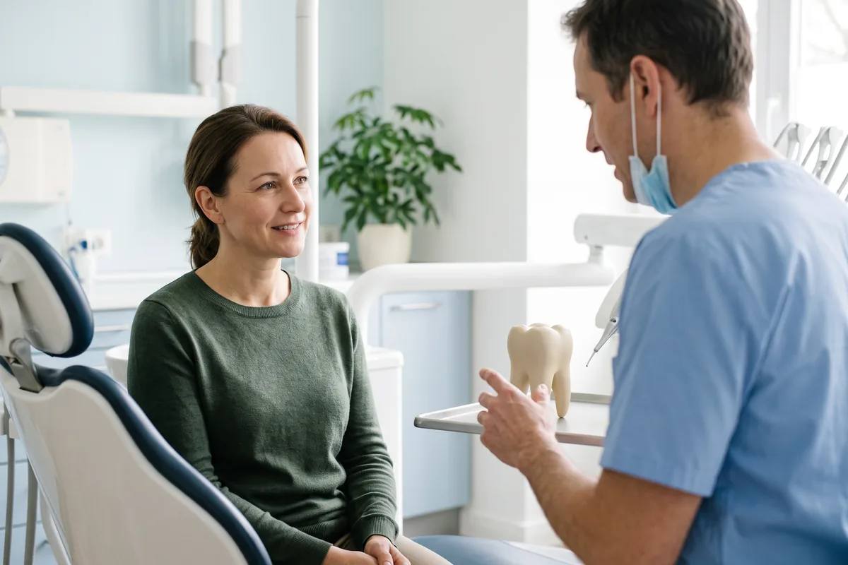 Dentist explaining a bruised tooth exam to a patient using a tooth model
