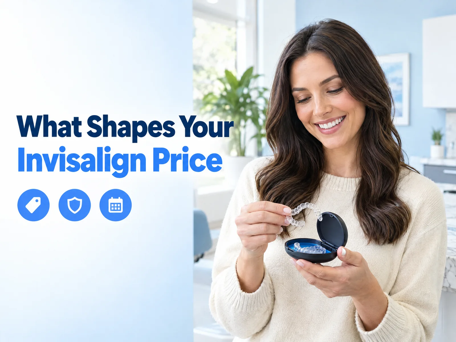 Invisalign cost Arlington Heights headline image with a smiling adult holding clear aligners and small cost, insurance, and calendar icons