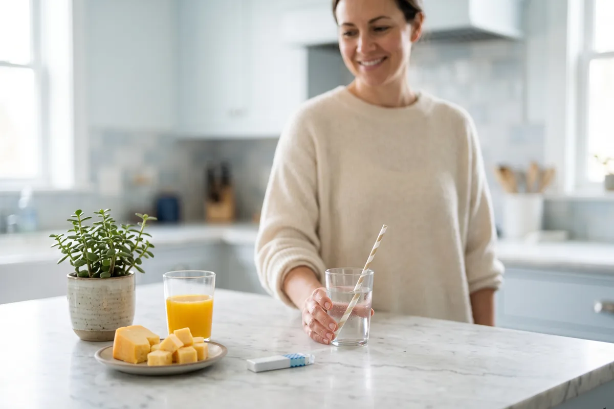 Woman at a kitchen counter with a glass of water and a straw, orange juice, cheese cubes, and a pack of gum