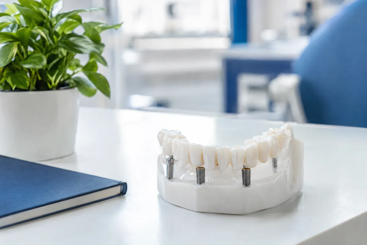 Dental jaw model with a full arch bridge on implants resting on a white desk in a bright dental office
