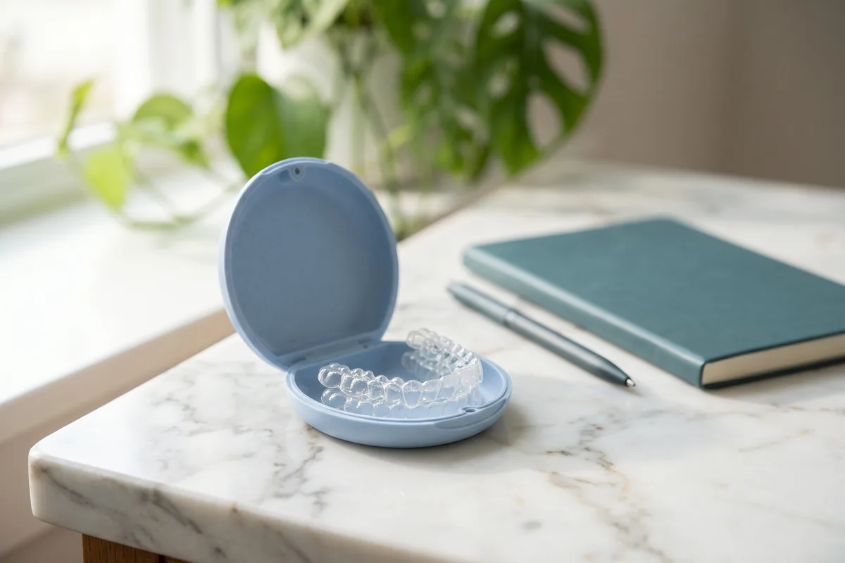 Clear aligners resting in an open case on a white marble counter beside a notebook and pen in soft daylight