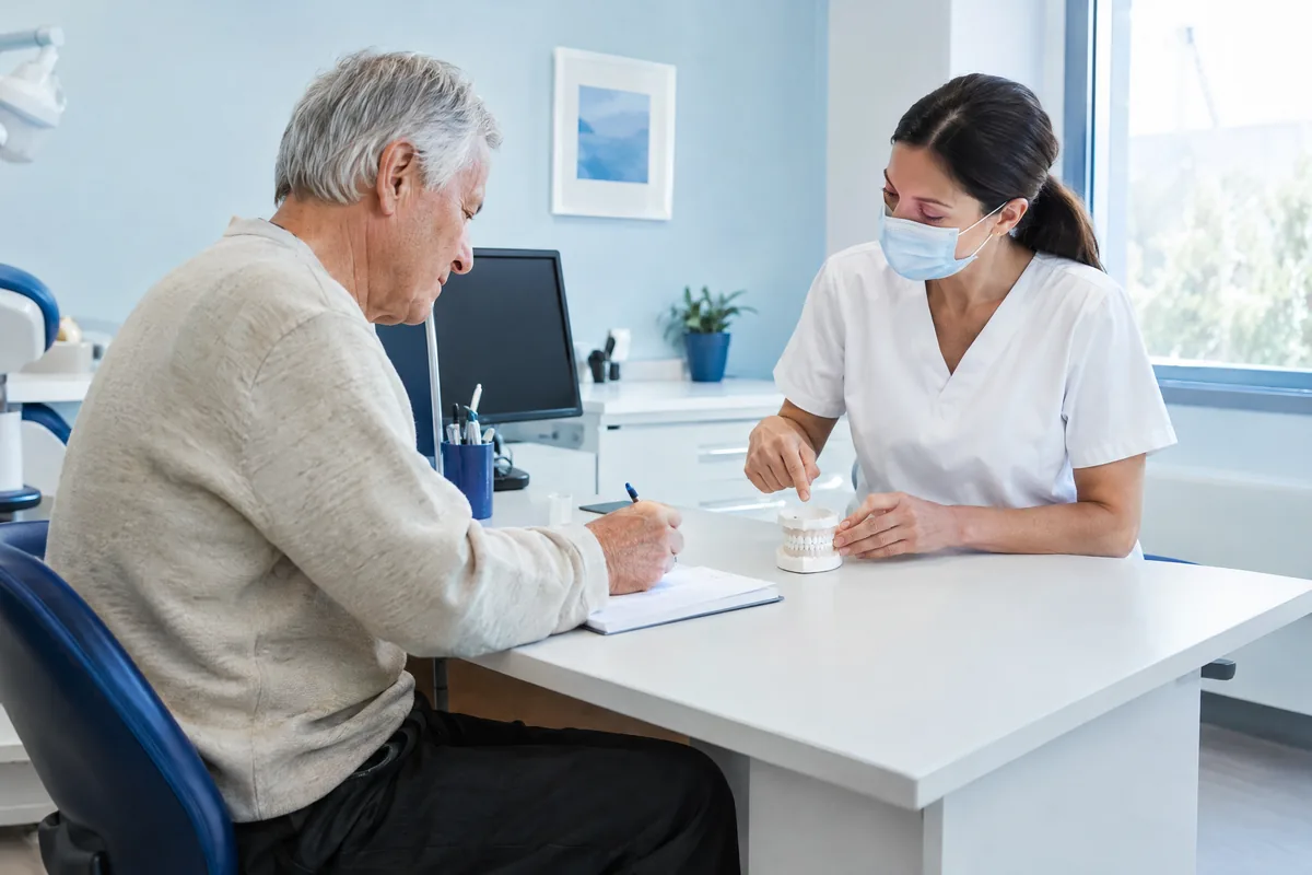 Older adult patient taking notes while talking with a dentist about full arch implant options in a bright office