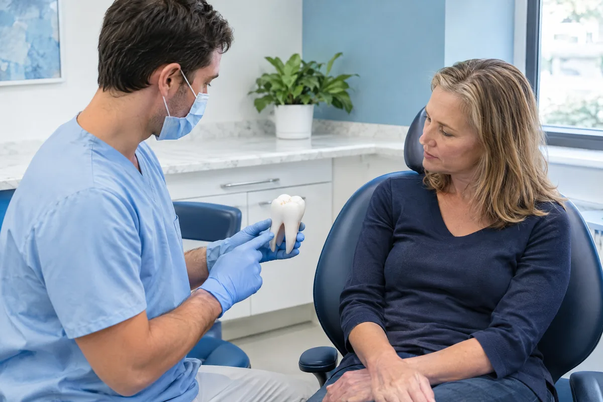 Adult patient in a dental chair listening as a dentist holds a large tooth model during a consultation in a bright office
