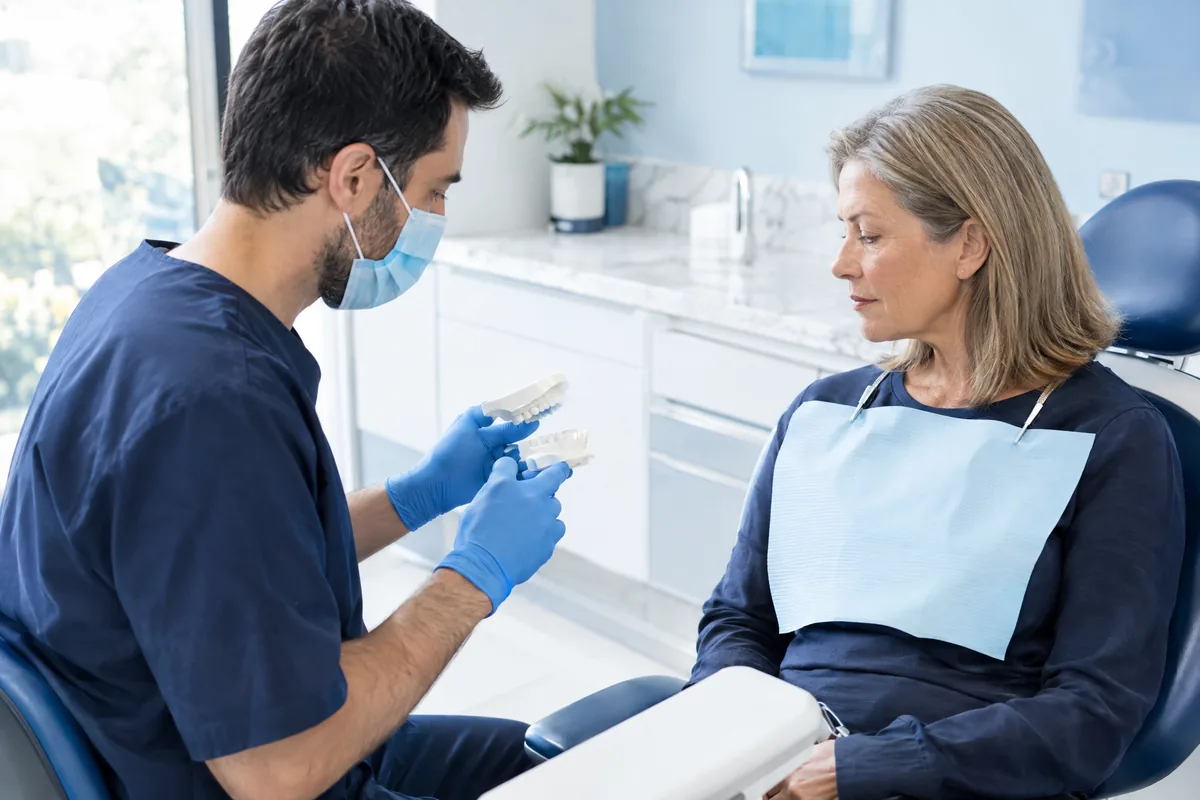 Adult patient in a dental chair looking at a jaw model while a dentist explains full arch implant options
