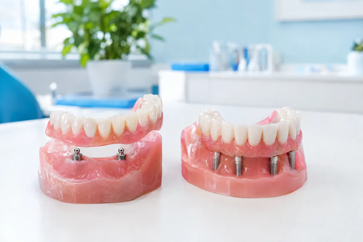 Two lower jaw models on a white desk, one with a snap-on denture and one with a fixed implant bridge