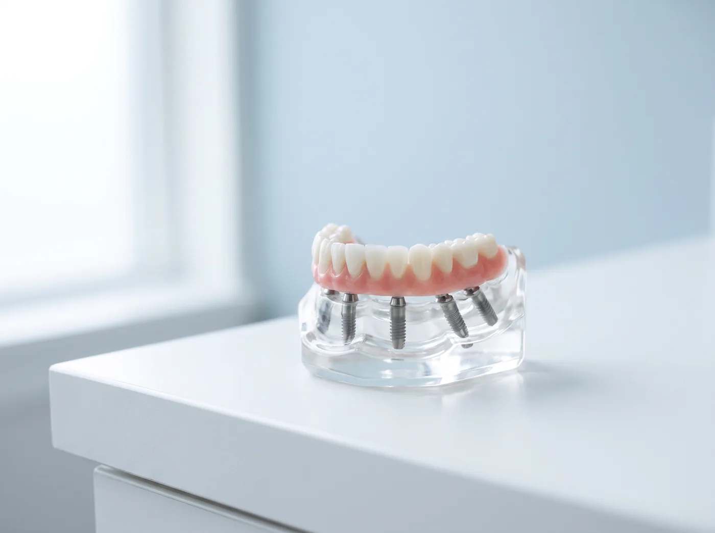 All-on-4 implant bridge on four dental implants in a jaw model, Arlington Heights, IL
