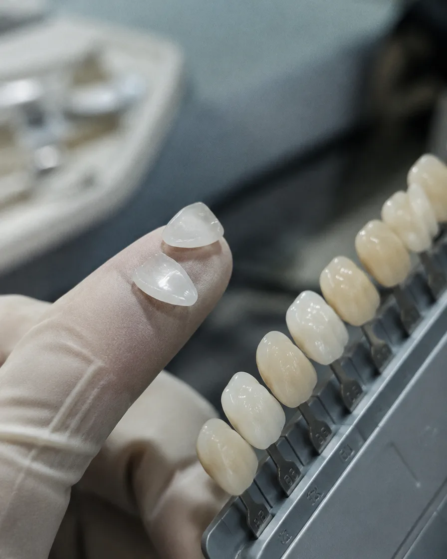 Thin porcelain veneer shells beside a shade guide at Omni Dental in Arlington Heights, IL